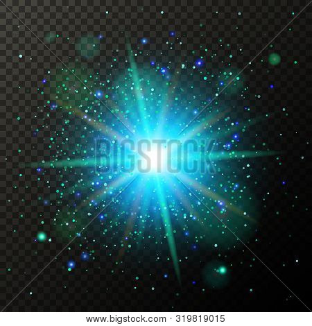 Half Transparent Shining Bright Abstract Star With Blue Particles. Magic Confetti Explosion. Vector 
