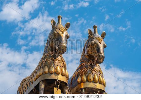 Kutaisi, Georgia - 21.08.2019: View Of Golden Horses On Colchis Fountain In The Centre Of Kutaisi.