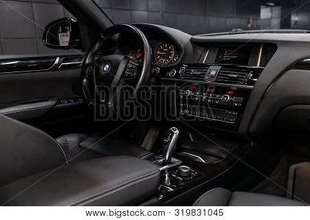 Novosibirsk, Russia - August 19, 2019:  Bmw X4 ,close-up Of The Dashboard, Player, Steering Wheel, A
