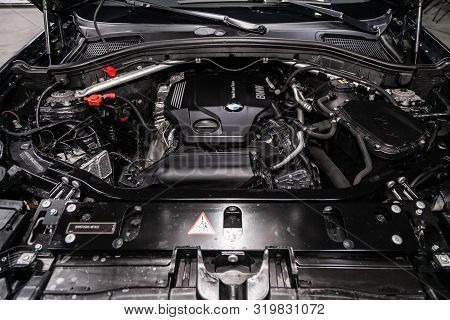 Novosibirsk, Russia - August 19, 2019:  Bmw X4 ,close-up Of The Engine, Front View. Internal Combust