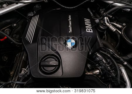 Novosibirsk, Russia - August 19, 2019:  Bmw X4 ,close-up Of The Engine, Front View. Internal Combust