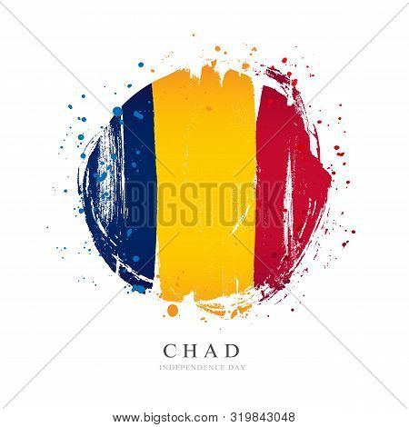 Chad Flag In The Shape Of A Big Circle. Vector Illustration On A White Background. Brush Strokes Are