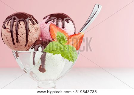Ice Cream Balls Different Color - Pink, Brown, White With Chocolate Sauce, Mint, Spoon, Strawberry S