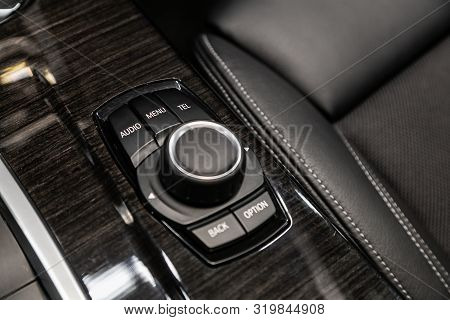 Close Up Shot Of Modern Central Console With Audio, Menu, Telephone And Other Setting Control