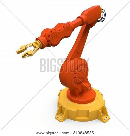 Robotic Orange Arm For Any Work In A Factory Or Production. Mechatronic Equipment For Complex Tasks.