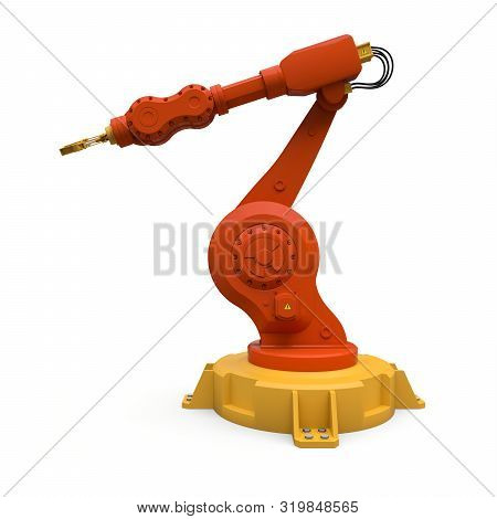 Robotic Orange Arm For Any Work In A Factory Or Production. Mechatronic Equipment For Complex Tasks.