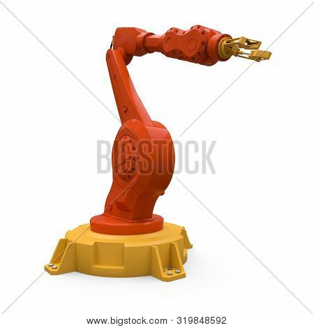 Robotic Orange Arm For Any Work In A Factory Or Production. Mechatronic Equipment For Complex Tasks.
