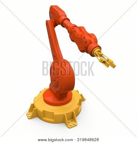 Robotic Orange Arm For Any Work In A Factory Or Production. Mechatronic Equipment For Complex Tasks.