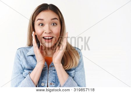 Close-up Excited Surprised Impressed Asian Blond Girl Wondering Amused Stare Camera Open Mouth Broad