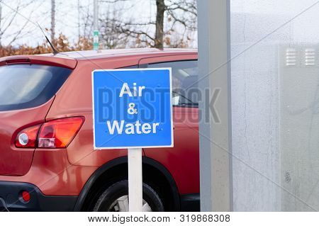 Air And Water Sign At Petrol Station To Wash Car And Inflate Car Tyres