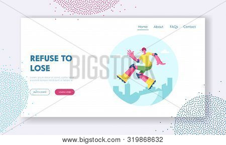 Skateboarding Outdoors Activity Website Landing Page. Young Man In Modern Fashioned Clothing And Cap