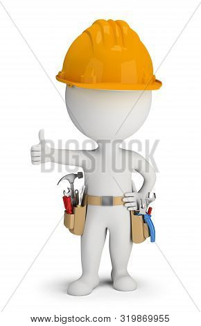 3d Repairman With A Belt Of Tools And A Helmet Showing Thumb Up. 3d Image. White Background.