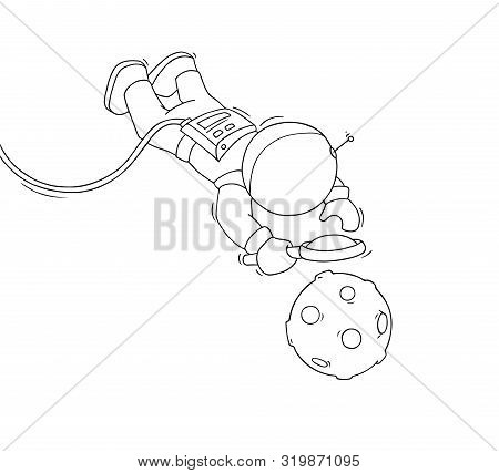 Sketch Of Astronaut With Loupe. Doodle Cute Scene About Space Reseach. Hand Drawn Cartoon Vector Ill