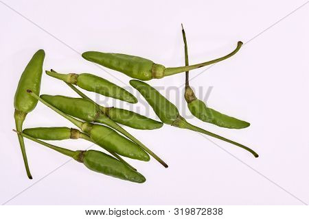 Green Birds Eye Chillies Or Kanthari Mulaku On A White Background