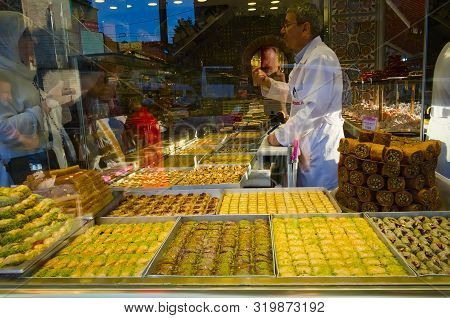 Istanbul, Turkey - September, 2018: Baklava Store With Big Assortment Of Traditional Turkish Sweets.