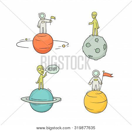 Sketch Set Of Astronauts, Aliens On Planets. Doodle Cute Scene About Space Reseach. Hand Drawn Carto