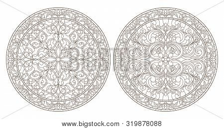 Set Contour Illustrations Of Stained Glass, Round Stained Glass Floral, Dark Outline On A White Back