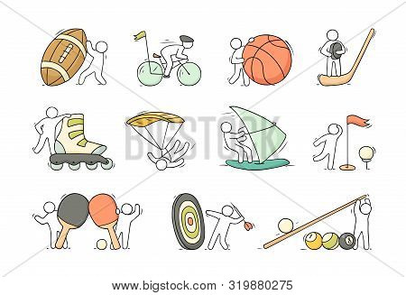 Cartoon Set Of Sketch Little People With Sport Equipment. Doodle Cute Illustration About Healthy Lif