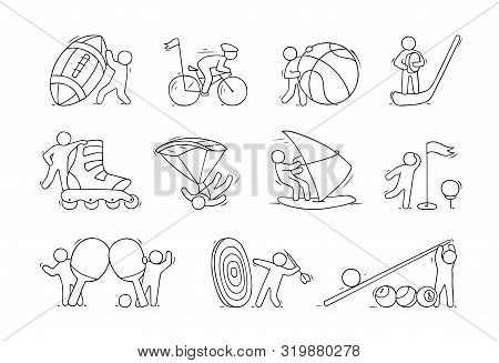 Cartoon Set Of Sketch Little People With Sport Equipment. Doodle Cute Illustration About Healthy Lif