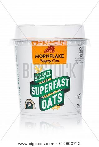London, Uk - August 22, 2019: Cup Of  Mornflake Superfast Oats With Golden Syrup No Added Sugar And 