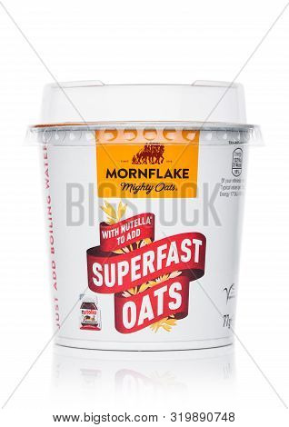 London, Uk - August 22, 2019: Cup Of  Mornflake Superfast Oats With Nutella On White.