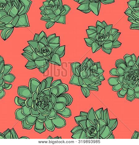 Hand Drawn Doodle Style Seamless Pattern With Common Houseleek, Sempervivum Tectorum Succulents