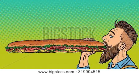 Man Eats A Long Sandwich. Pop Art Retro Vector Stock Illustration Drawing