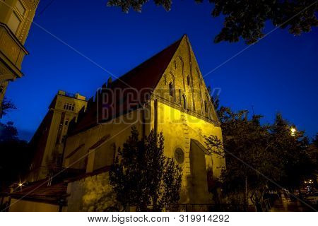 Night View Of Old New Synagogue (altneuschul), The Oldest Active Synagogue Building In Europe. Josef