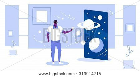 Man Wearing Digital Glasses African American Guy Touching Vr Planets Of Solar System Space Galaxy Fr