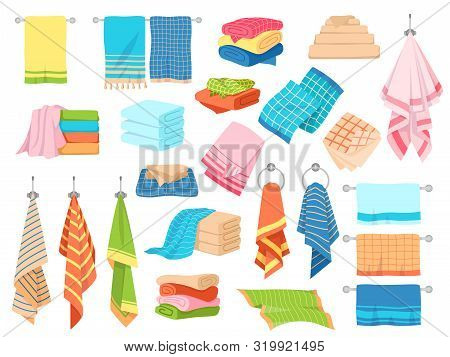 Bath Towel. Hand Kitchen Towels, Textile Cloth For Spa, Beach, Shower Fabric Rolls Lying In Stack. C