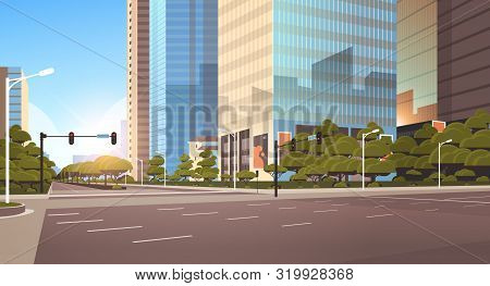Beautifil City Street Asphalt Road With Traffic Light High Skyscrapers Modern Cityscape Background F
