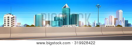 Highway Asphalt Road With Chipper City Skyline Modern Skyscrapers Cityscape Background Flat Horizont