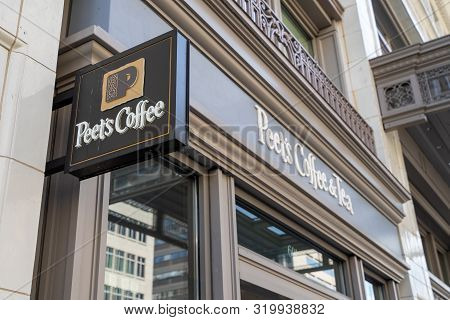 Washington, Dc - August 8, 2019: Sign For Peets Coffee, A Chain Coffee Shop, Located In Penn Quarter