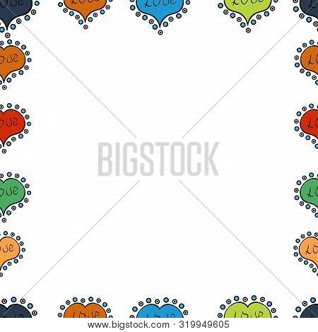 Doodles Frame Consists Of Orange, Green And White Border. Raster Background With Hand Drawn Frame Do