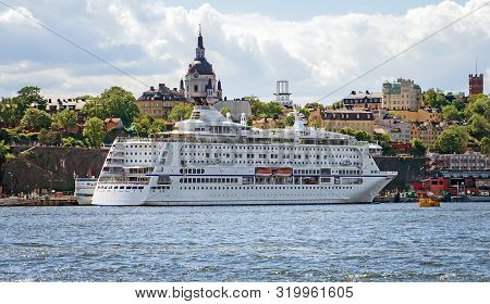 Cruise Ship In Front Of Katarina Church In The Center Of Stockholm.