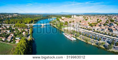 Rhone River Aerial Panoramic View In Avignon. Avignon Is A City On The Rhone River In Southern Franc