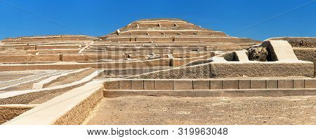 Nazca Pyramid At Cahuachi Archeological Site In The Nazca Desert Of Peru Panoramic View