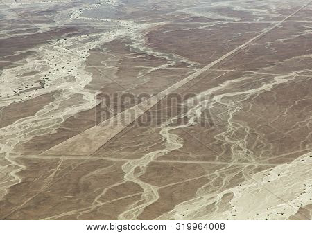 Nazca Or Nasca Mysterious Lines And Geoglyphs Aerial View, Landmark In Peru
