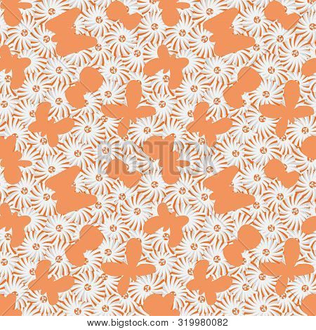 A Seamless Vector Pattern With Butterflies Flying Over Daisies. Surface Print Design.
