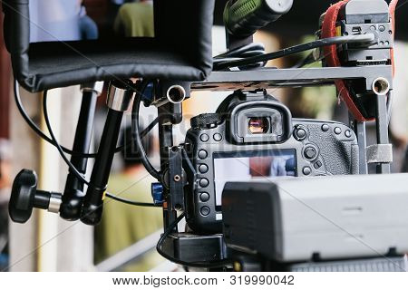 Film Industry. Filming With Professional Camera Background