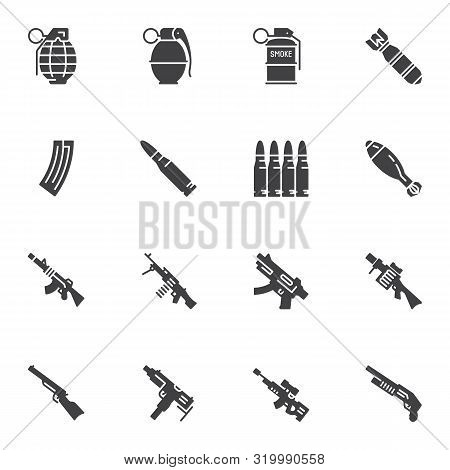 Gun Weapon Vector Icons Set, Modern Solid Symbol Collection Filled Style Pictogram Pack. Signs, Logo