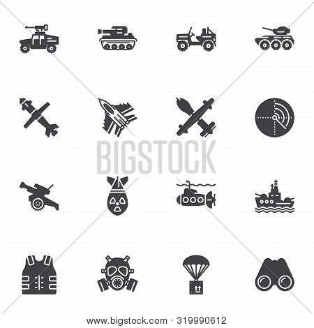 Military Equipment Vector Icons Set, Modern Solid Symbol Collection, Filled Style Pictogram Pack. Si