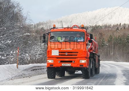 Chelyabinsk Region, Russia - January 4, 2017: Offroad Semitrailer Cistern Truck Kamaz 44108 At The I