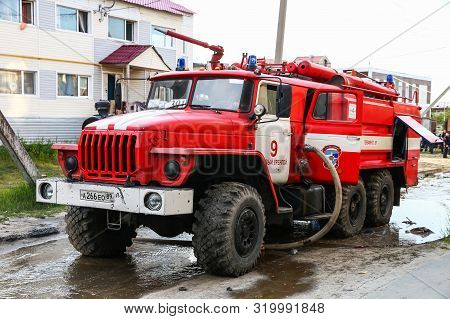 Novyy Urengoy, Russia - September 1, 2019: Fire Truck Ural 4320 Takes Part In The Extinguishing Of T