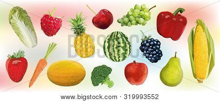 Set Of Realistic Fruits, Berries And Vegetables, Vector Objects.