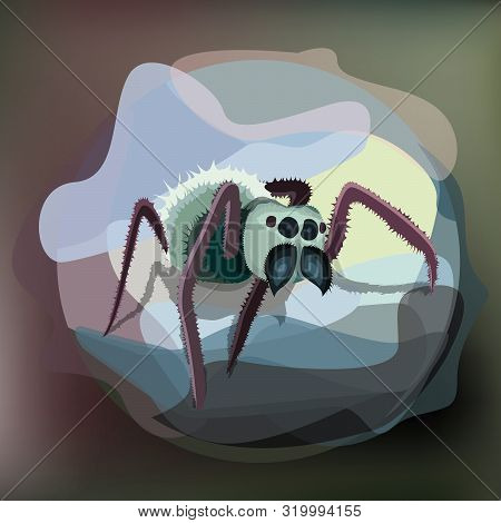 Green And Red Spider With Small Villies. Vector Illustration