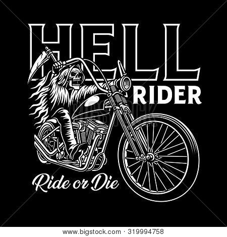 Grim Reaper Riding Motorcycle On Black Background