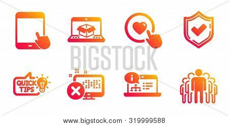 Tablet Pc, Education Idea And Online Delivery Line Icons Set. Like Button, Confirmed And Online Docu