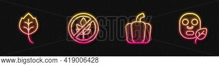 Set Line Bell Pepper, Leaf Or Leaves, Gluten Free Grain And Facial Cosmetic Mask. Glowing Neon Icon.