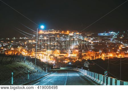 Stepantsminda, Georgia. New Road To Sameba. View On Countryside Village At Evening Night Time. Kazbe